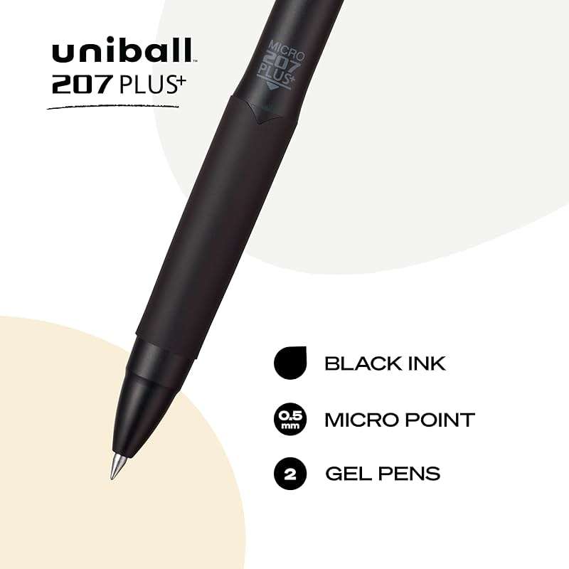Uni-Ball 207+ Black Retractable Gel Pens 2 Pack with Micro 0.5mm Points, Fraud Proof Office, Nursing, Business, School, Bible Pens - Image 3