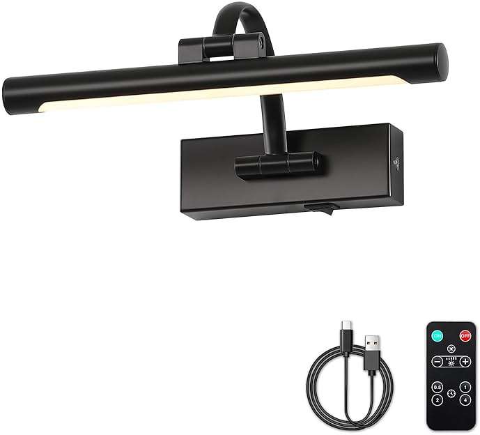 DESOOP Battery Operated Picture Lights for Wall Black Art Light Wireless Gallery Lights with Timer and Remote 12 Inch 2W Warm White - Image 1