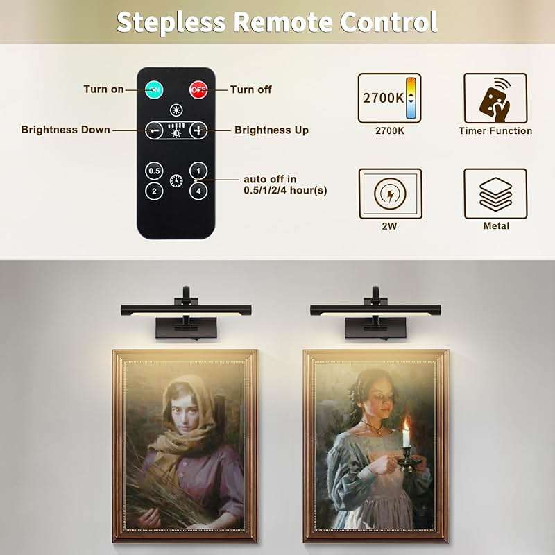 DESOOP Battery Operated Picture Lights for Wall Black Art Light Wireless Gallery Lights with Timer and Remote 12 Inch 2W Warm White - Image 3