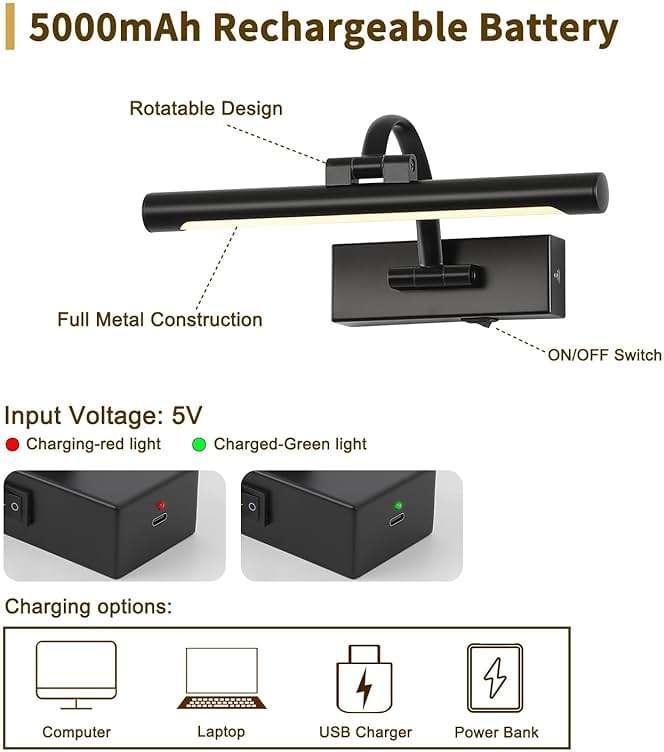 DESOOP Battery Operated Picture Lights for Wall Black Art Light Wireless Gallery Lights with Timer and Remote 12 Inch 2W Warm White - Image 4