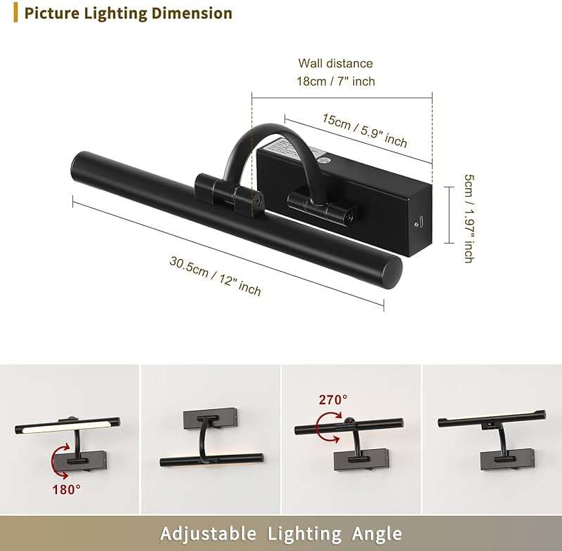DESOOP Battery Operated Picture Lights for Wall Black Art Light Wireless Gallery Lights with Timer and Remote 12 Inch 2W Warm White - Image 5