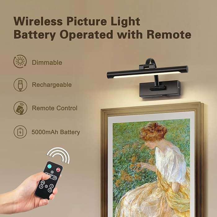 DESOOP Battery Operated Picture Lights for Wall Black Art Light Wireless Gallery Lights with Timer and Remote 12 Inch 2W Warm White - Image 7