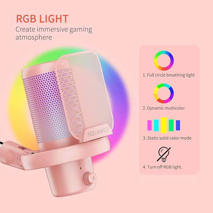 FEELWORLD VM1 Pink Gaming PC USB Microphone Condenser Mic with Noise Cancellation Mute RGB Light, Computer Accessories Gifts for Gamer YouTube Twitch Podcast Streaming Recording Online Chat PS4 PS5 - Image 4