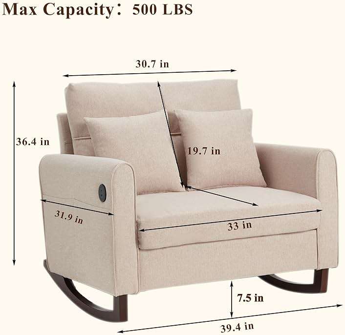 HOMREST Upholstered Oversize Rocking Chair, Nursery Rocking Chair with High Back and Side Pocket USB Port, Double Wide Rocker Armchair with Rubber Wood Legs for Living Room, Bedroom, Nursery, Beige - Image 2