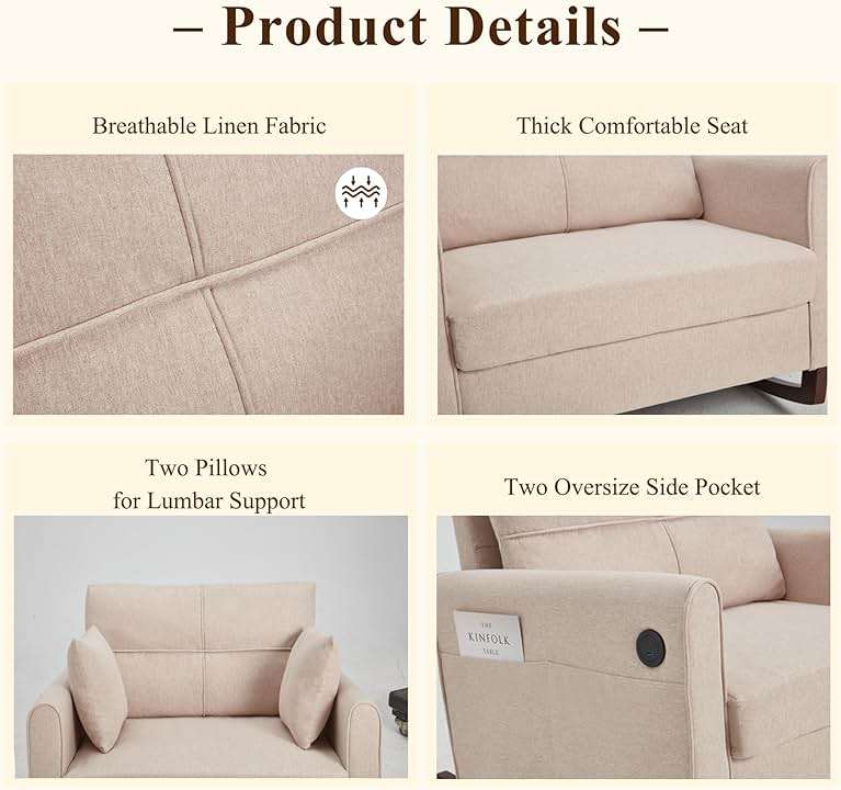 HOMREST Upholstered Oversize Rocking Chair, Nursery Rocking Chair with High Back and Side Pocket USB Port, Double Wide Rocker Armchair with Rubber Wood Legs for Living Room, Bedroom, Nursery, Beige - Image 3