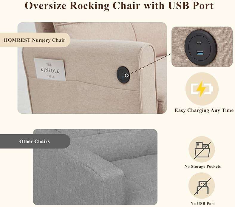 HOMREST Upholstered Oversize Rocking Chair, Nursery Rocking Chair with High Back and Side Pocket USB Port, Double Wide Rocker Armchair with Rubber Wood Legs for Living Room, Bedroom, Nursery, Beige - Image 4