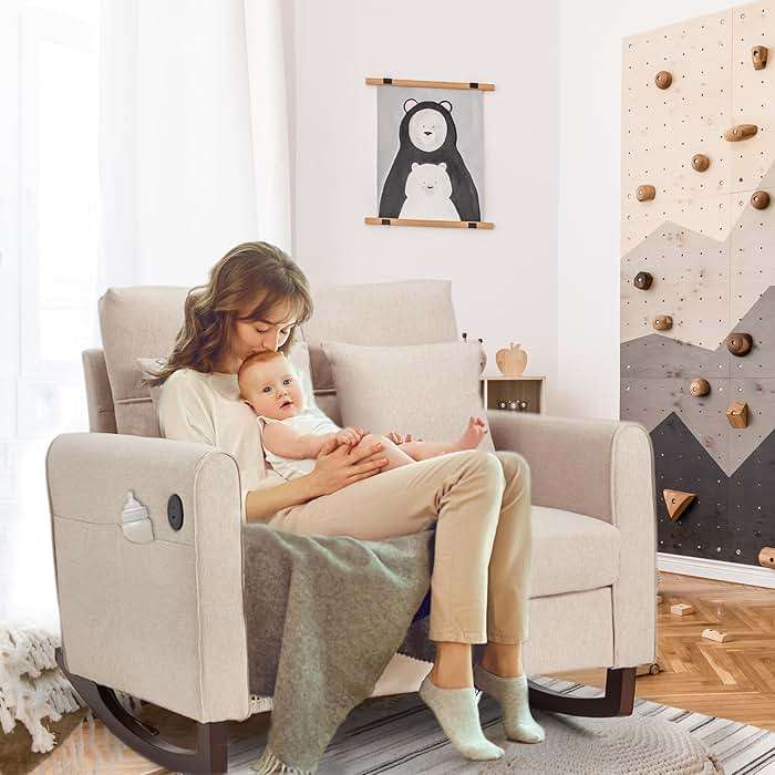 HOMREST Upholstered Oversize Rocking Chair, Nursery Rocking Chair with High Back and Side Pocket USB Port, Double Wide Rocker Armchair with Rubber Wood Legs for Living Room, Bedroom, Nursery, Beige - Image 5
