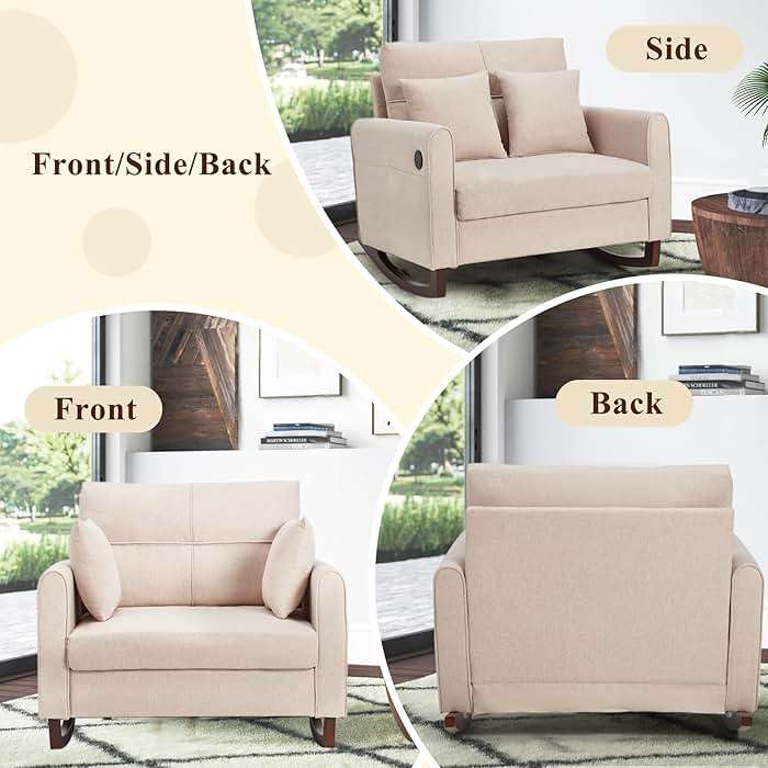 HOMREST Upholstered Oversize Rocking Chair, Nursery Rocking Chair with High Back and Side Pocket USB Port, Double Wide Rocker Armchair with Rubber Wood Legs for Living Room, Bedroom, Nursery, Beige - Image 6