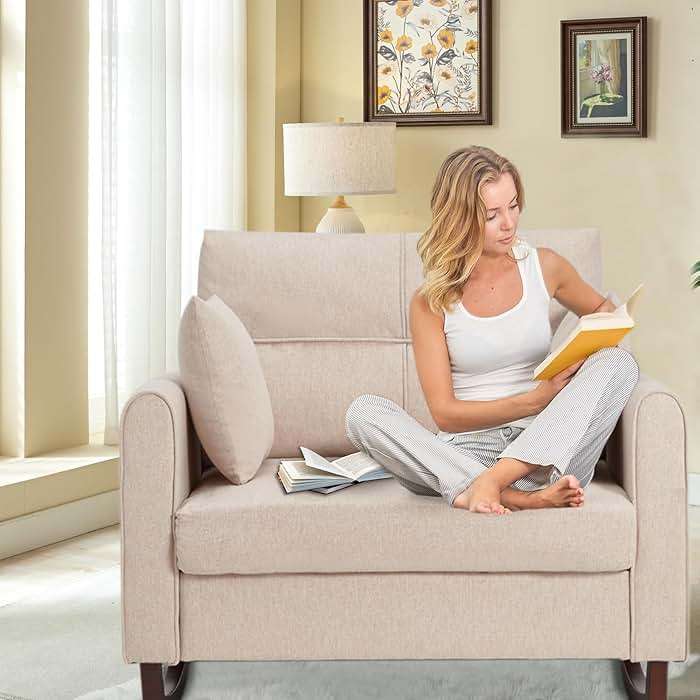 HOMREST Upholstered Oversize Rocking Chair, Nursery Rocking Chair with High Back and Side Pocket USB Port, Double Wide Rocker Armchair with Rubber Wood Legs for Living Room, Bedroom, Nursery, Beige - Image 7