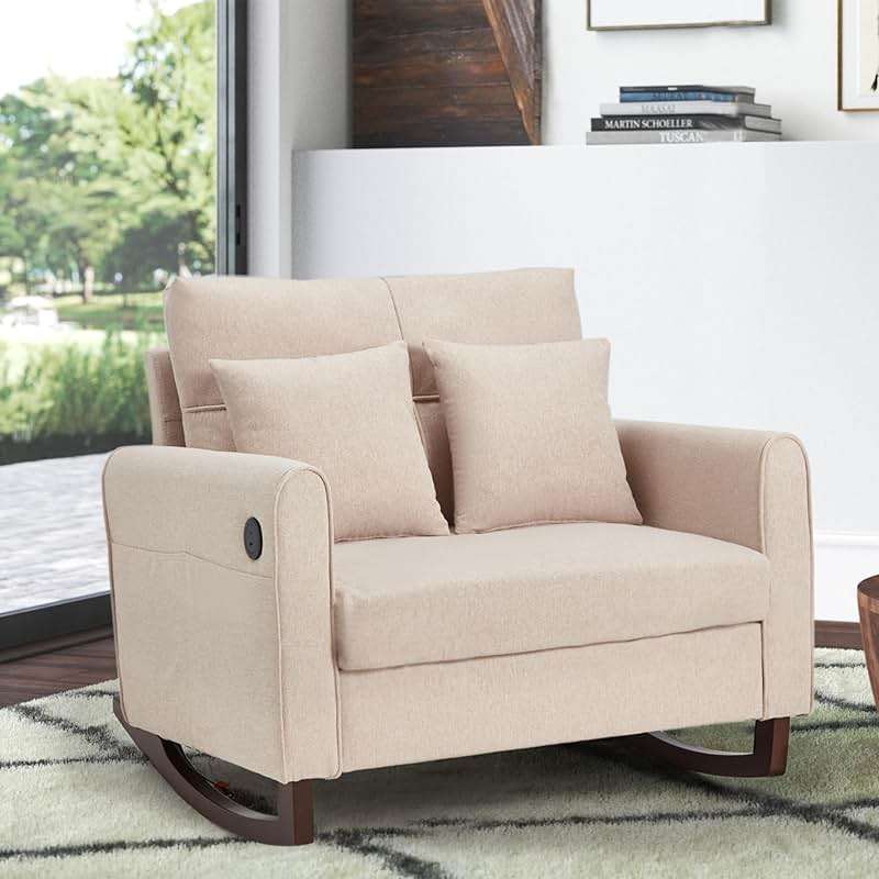 HOMREST Upholstered Oversize Rocking Chair, Nursery Rocking Chair with High Back and Side Pocket USB Port, Double Wide Rocker Armchair with Rubber Wood Legs for Living Room, Bedroom, Nursery, Beige - Image 8