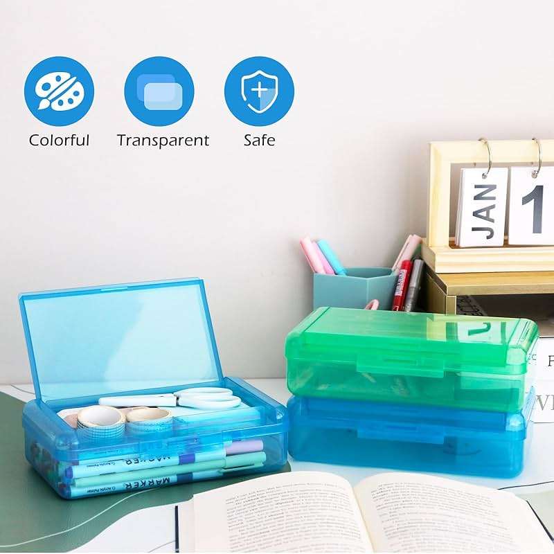 YILANCOL 1 Pack Double Layer Hard Pencil Cases, Plastic Translucent Pencil Box with Snap-Tight Lid for Pens, Pencils, School, Stylish Office Supplies Storage Organizer Box,Medium-sized (Blue) - Image 2