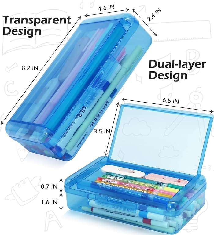 YILANCOL 1 Pack Double Layer Hard Pencil Cases, Plastic Translucent Pencil Box with Snap-Tight Lid for Pens, Pencils, School, Stylish Office Supplies Storage Organizer Box,Medium-sized (Blue) - Image 3