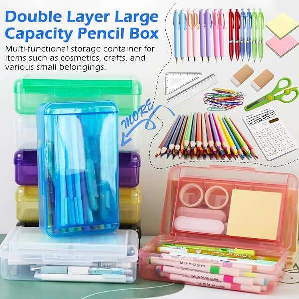 YILANCOL 1 Pack Double Layer Hard Pencil Cases, Plastic Translucent Pencil Box with Snap-Tight Lid for Pens, Pencils, School, Stylish Office Supplies Storage Organizer Box,Medium-sized (Blue) - Image 5