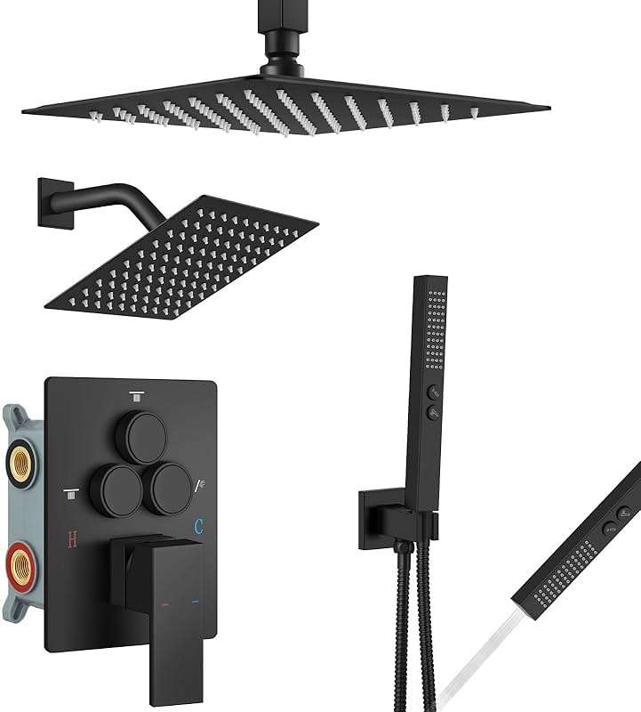 Aolemi Shower Faucet Set Ceiling Mount Shower System Rough-in Valve and Shower Trim Kit 2 in 1 Handheld Spray Push Button Diverter 10 and 6 Inch Dual Shower Head Matte Black - Image 1