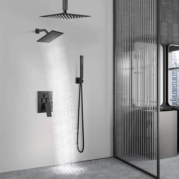 Aolemi Shower Faucet Set Ceiling Mount Shower System Rough-in Valve and Shower Trim Kit 2 in 1 Handheld Spray Push Button Diverter 10 and 6 Inch Dual Shower Head Matte Black - Image 2