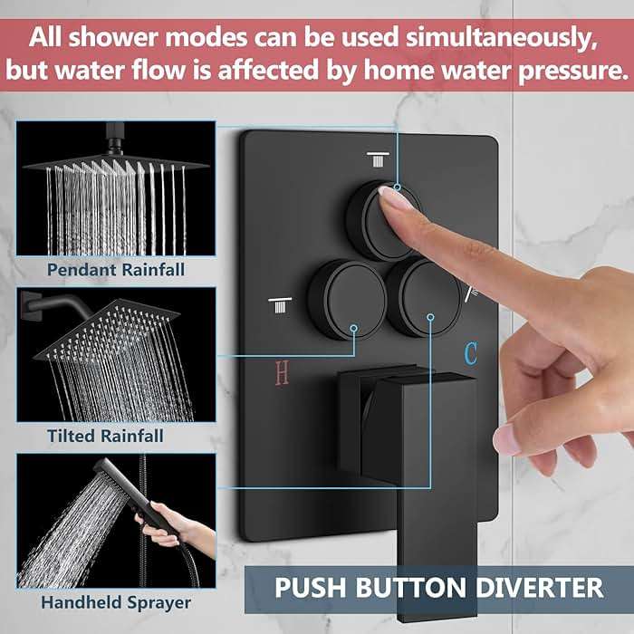 Aolemi Shower Faucet Set Ceiling Mount Shower System Rough-in Valve and Shower Trim Kit 2 in 1 Handheld Spray Push Button Diverter 10 and 6 Inch Dual Shower Head Matte Black - Image 3