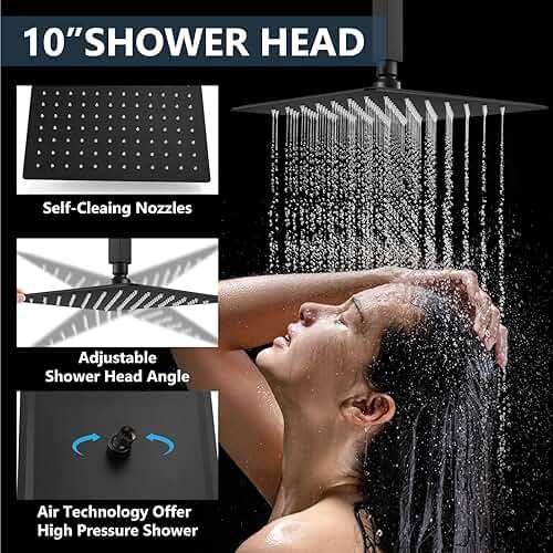 Aolemi Shower Faucet Set Ceiling Mount Shower System Rough-in Valve and Shower Trim Kit 2 in 1 Handheld Spray Push Button Diverter 10 and 6 Inch Dual Shower Head Matte Black - Image 5