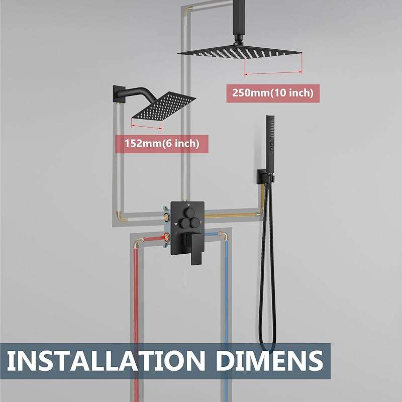 Aolemi Shower Faucet Set Ceiling Mount Shower System Rough-in Valve and Shower Trim Kit 2 in 1 Handheld Spray Push Button Diverter 10 and 6 Inch Dual Shower Head Matte Black - Image 9