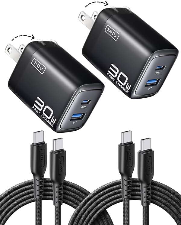 INIU Mini USB C Charger, 30W GaN Fast Charging ETL Certified Wall Adapter Block with Samrt Phone Protection, Dual Port with 5ft Type C Cable for iPhone 17 iPad Samsung Google Switch etc [2-Pack Black] - Image 1