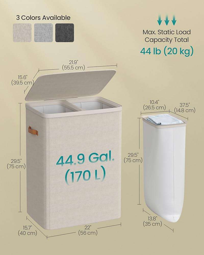 SONGMICS Laundry Basket, 44.9 Gal. Laundry Hamper, 2 Compartments, Easy Assembly, with Lid and Handles, Removable Liners, 22 x 15.7 x 29.5 Inches, Cappuccino Beige ULCB813L01 - Image 3