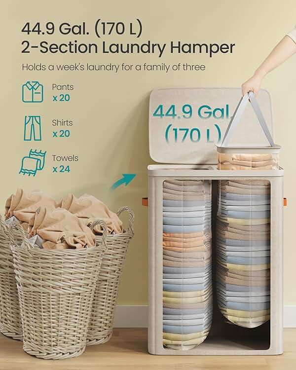SONGMICS Laundry Basket, 44.9 Gal. Laundry Hamper, 2 Compartments, Easy Assembly, with Lid and Handles, Removable Liners, 22 x 15.7 x 29.5 Inches, Cappuccino Beige ULCB813L01 - Image 5