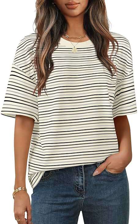 MEROKEETY Women's 2026 Summer Short Sleeve Tops Casual Colourful Striped Crewneck Loose Work T Shirts Blouses - Image 1
