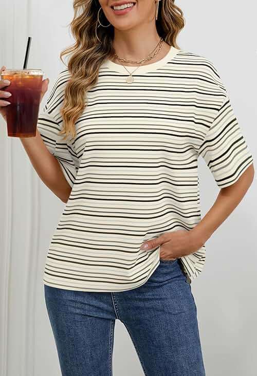 MEROKEETY Women's 2026 Summer Short Sleeve Tops Casual Colourful Striped Crewneck Loose Work T Shirts Blouses - Image 2