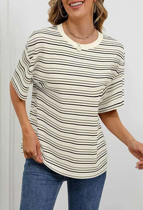MEROKEETY Women's 2026 Summer Short Sleeve Tops Casual Colourful Striped Crewneck Loose Work T Shirts Blouses - Image 3