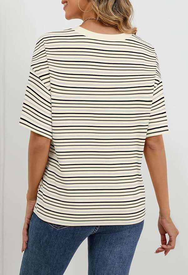MEROKEETY Women's 2026 Summer Short Sleeve Tops Casual Colourful Striped Crewneck Loose Work T Shirts Blouses - Image 5