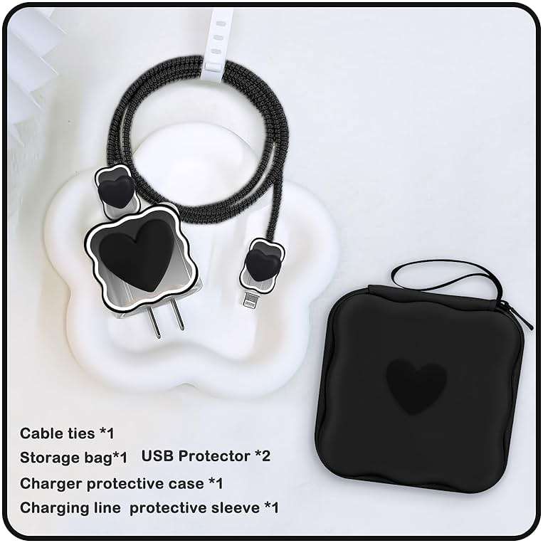 CameCosy DIY Phone Charger Case Storage Sets Cable Protector Earphone Wire Saver with Wave Travel Storage Bag, Cute Cable Charger Protector Cord Organizer for iPhone (Black Love Heart) - Image 2