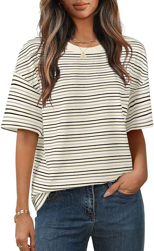 MEROKEETY Women's 2026 Summer Short Sleeve Tops Casual Colourful Striped Crewneck Loose Work T Shirts Blouses - Image 1