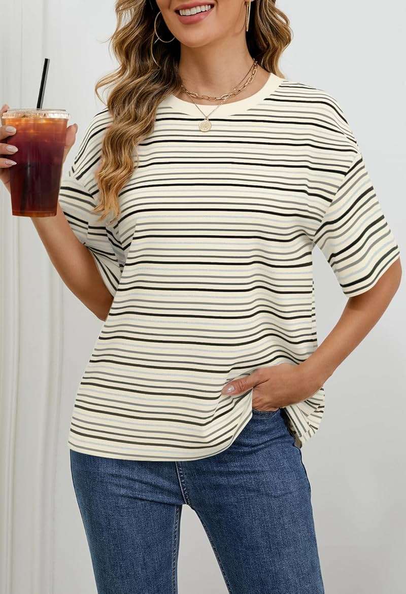 MEROKEETY Women's 2026 Summer Short Sleeve Tops Casual Colourful Striped Crewneck Loose Work T Shirts Blouses - Image 2