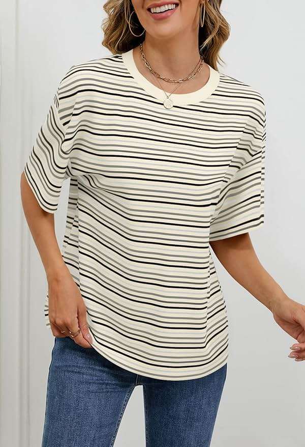 MEROKEETY Women's 2026 Summer Short Sleeve Tops Casual Colourful Striped Crewneck Loose Work T Shirts Blouses - Image 3