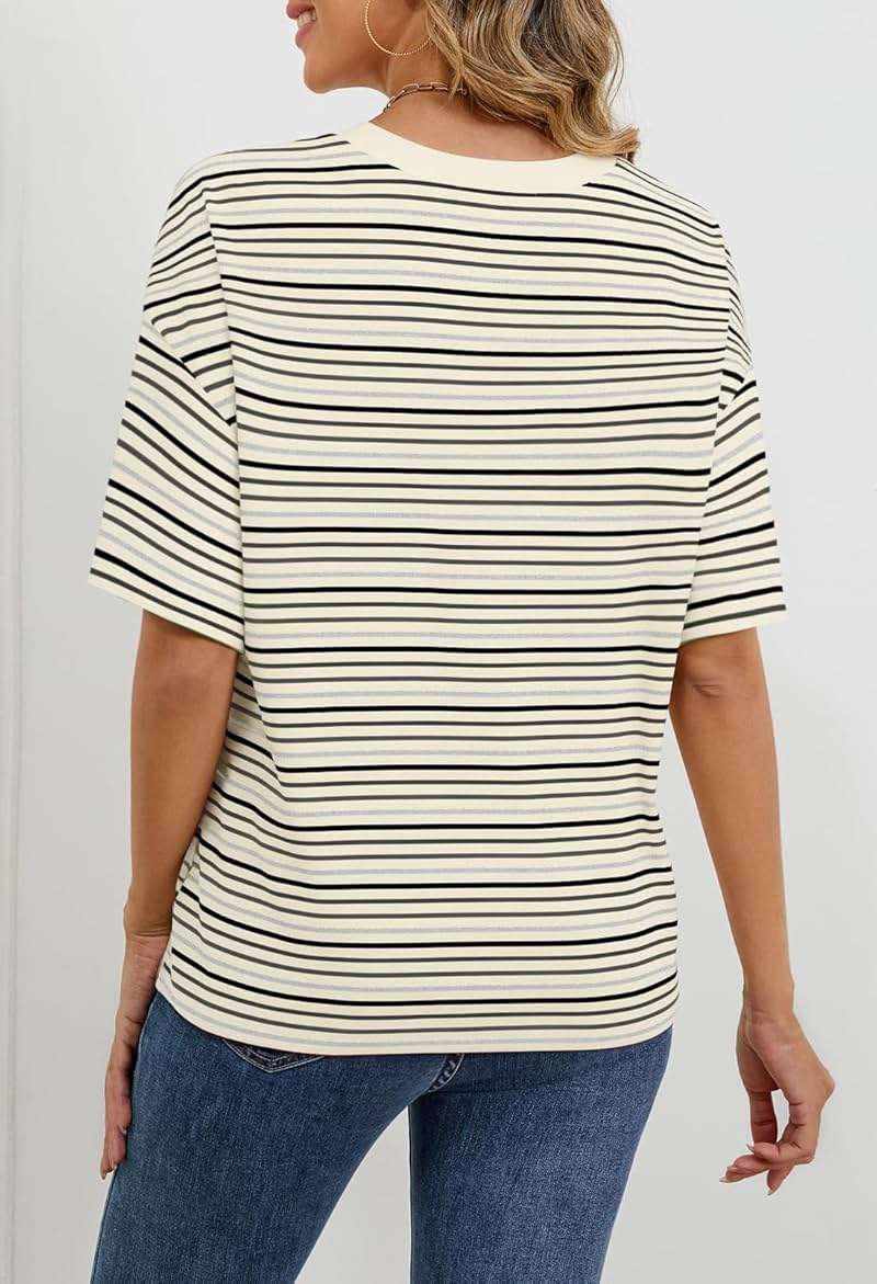 MEROKEETY Women's 2026 Summer Short Sleeve Tops Casual Colourful Striped Crewneck Loose Work T Shirts Blouses - Image 5