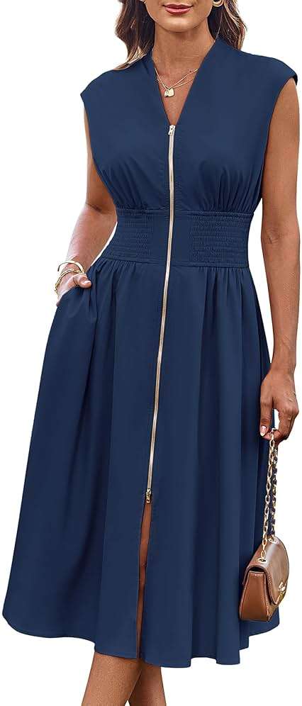 GRACE KARIN Womens Summer Casual Dress, Business Office Work Dresses, Cap Sleeve Zipper Front Flowy Midi Dress with Pockets - Image 1