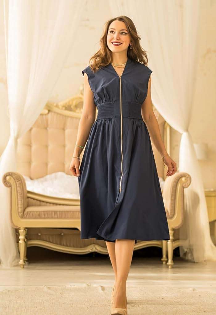 GRACE KARIN Womens Summer Casual Dress, Business Office Work Dresses, Cap Sleeve Zipper Front Flowy Midi Dress with Pockets - Image 5