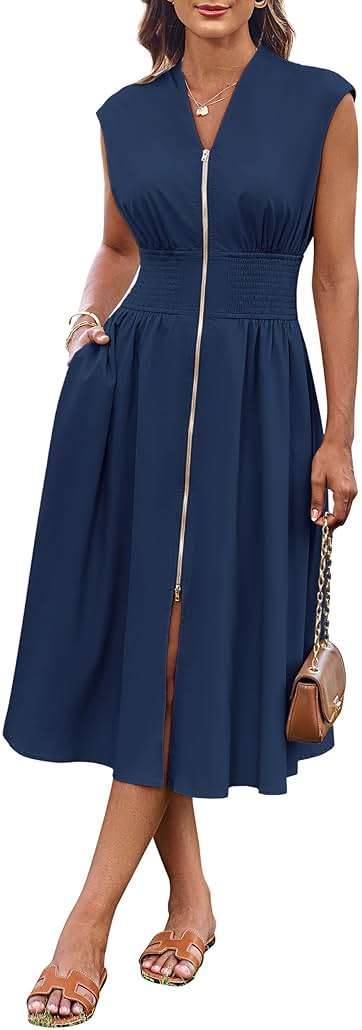 GRACE KARIN Womens Summer Casual Dress, Business Office Work Dresses, Cap Sleeve Zipper Front Flowy Midi Dress with Pockets - Image 6