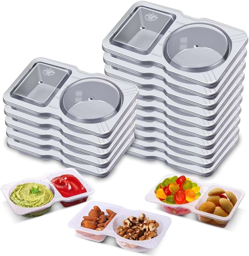 Qewro 15 Sets Snack Containers, Reusable Double Compartment Condiment With Lids 2 Portion Snack Containers Sauces Dip, Disposable Box to Grab and Go with Prep For Adults, On The Go For Kids - Image 1