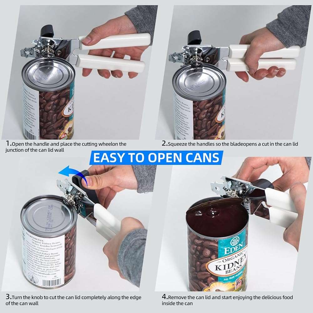 Can Opener Manual, Can Openers Hand Held with Comfort Anti-Slip Handles, Heavy Duty Stainless Steel Can Opener Smooth Edge and Bottle Openers, Easy Turn Can Openers for Seniors, Kitchen, White - Image 4