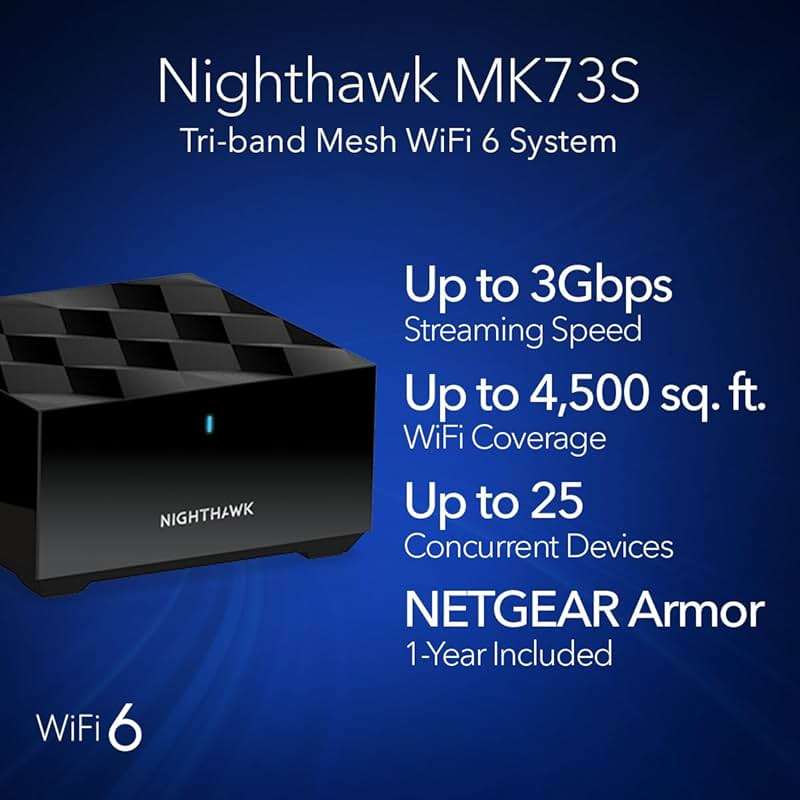 NETGEAR Nighthawk Tri-Band Whole Home Mesh WiFi 6 System (MK73S) – Router + 2 Satellite Extenders - 3Gbps Speed - Coverage up to 4,500 sq. ft., 25 Devices - Includes 1-Year Armor – AX3000 802.11ax - Image 2