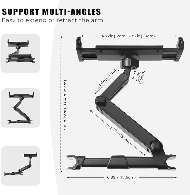 KLMQZF Car Headrest Tablet Holder, Stable Back Seat iPad Mount for Kids, Adjustable Long Arm Vehicle Head Rest Mount Compatible with 4.7-11" iPad Pro/Air/Mini, Samsung Galaxy Tablets, Fire HD - Image 8