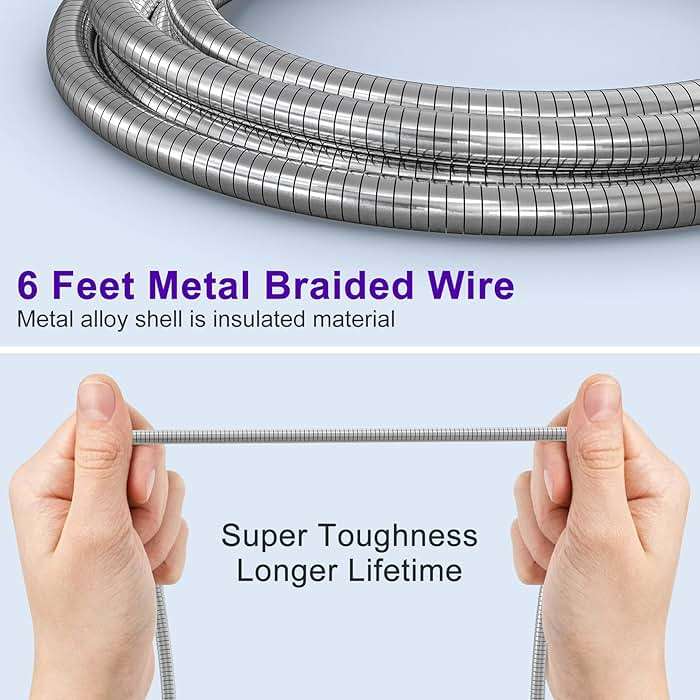 6FT Chew Proof iPhone Charger Cord - MFi Certified Silver Metal Braided USB to Lightning Cable, Metal Dog Cat Chew Proof iPhone Charging Cord with Data Transfer, for iPhone 14 13 12 11 X XS XR 8 7 6 5 - Image 6