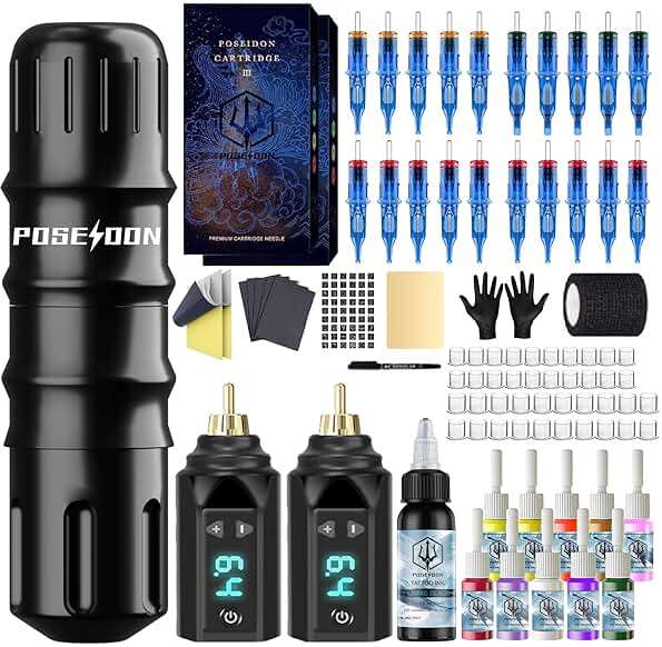 POSEIDON Tattoo Pen Kit Tattoo Gun Kit with 2Pcs Tattoo Batteries Tattoo Machine Kit with 11 Tattoo Inks 20pcs Tattoo Cartridge Needles for Beginers and Artists - Image 1