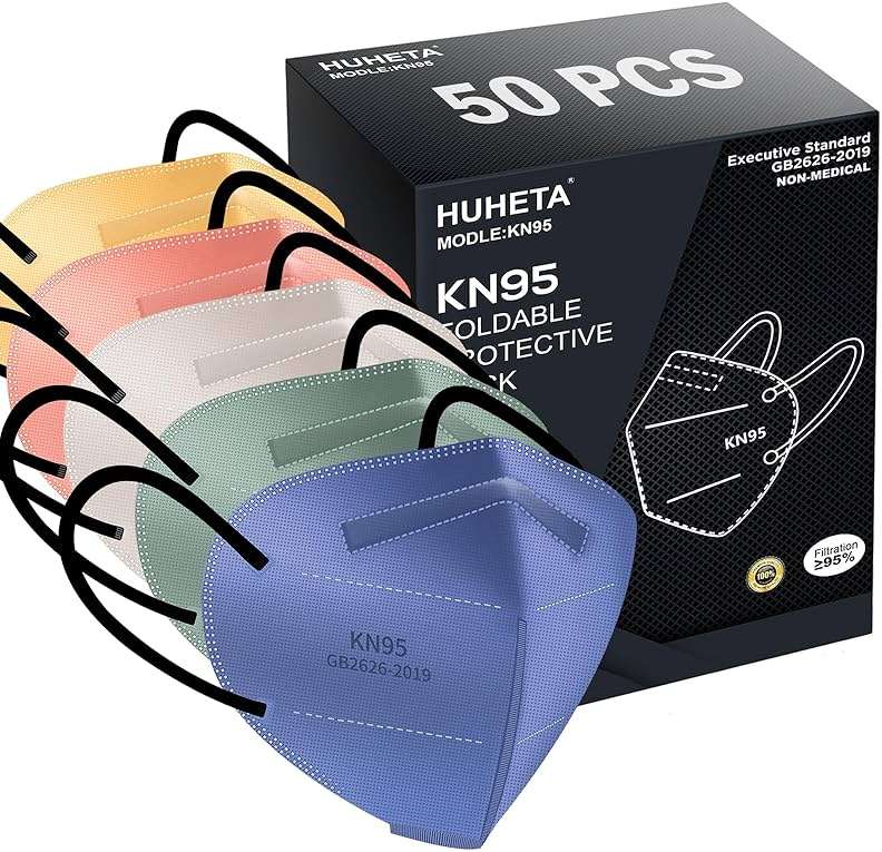 HUHETA 50 Packs KN95 Face Mask 5-Ply Breathable & Comfortable Filter Safety Mask (50PCS-MTC I Color) - Image 1