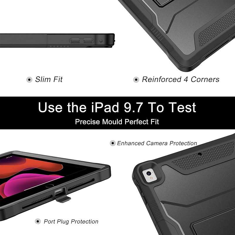 Soke Case for iPad 6th/5th Generation 9.7 Inch 2018/2017,with Built-in Screen Protector and Kickstand, Rugged Full-Body Heavy Duty Protective Cover for Apple iPad Air 2 /Pro 9.7 - Black - Image 7