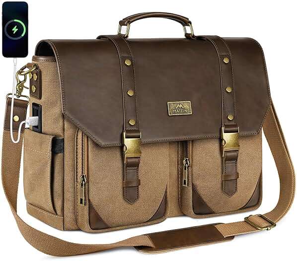 MATEIN Vintage Messenger Bag with USB Charging Port & RFID Blocking Pocket, 15.6 inch Laptop Bag Canvas PU Leather Men Briefcase, Water Resistant Computer Satchel Crossbody for Work Commuting, Brown - Image 1