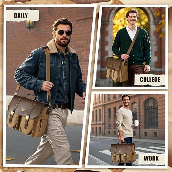 MATEIN Vintage Messenger Bag with USB Charging Port & RFID Blocking Pocket, 15.6 inch Laptop Bag Canvas PU Leather Men Briefcase, Water Resistant Computer Satchel Crossbody for Work Commuting, Brown - Image 2