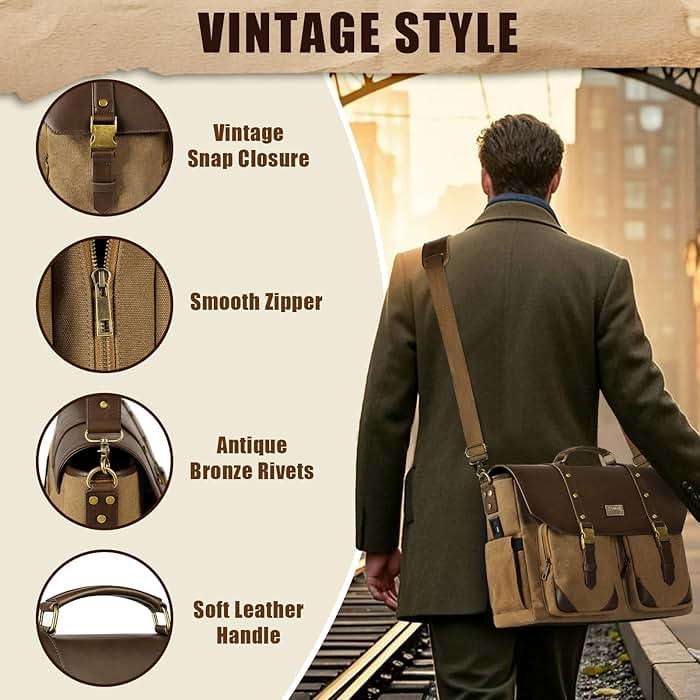 MATEIN Vintage Messenger Bag with USB Charging Port & RFID Blocking Pocket, 15.6 inch Laptop Bag Canvas PU Leather Men Briefcase, Water Resistant Computer Satchel Crossbody for Work Commuting, Brown - Image 4