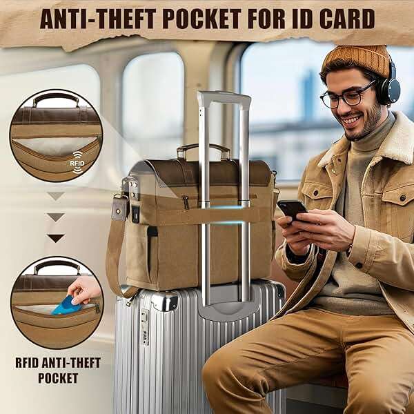 MATEIN Vintage Messenger Bag with USB Charging Port & RFID Blocking Pocket, 15.6 inch Laptop Bag Canvas PU Leather Men Briefcase, Water Resistant Computer Satchel Crossbody for Work Commuting, Brown - Image 5