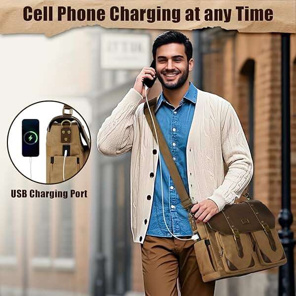 MATEIN Vintage Messenger Bag with USB Charging Port & RFID Blocking Pocket, 15.6 inch Laptop Bag Canvas PU Leather Men Briefcase, Water Resistant Computer Satchel Crossbody for Work Commuting, Brown - Image 6